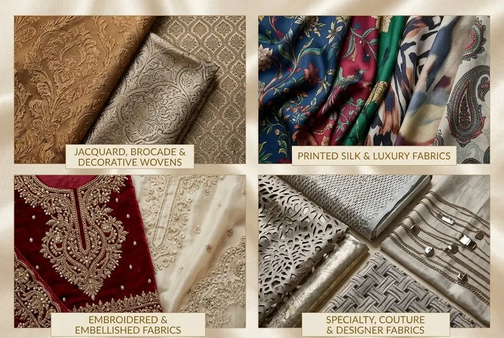 KashiFab fabric categories, jacquard brocade, printed silk, embroidered and designer couture fabrics