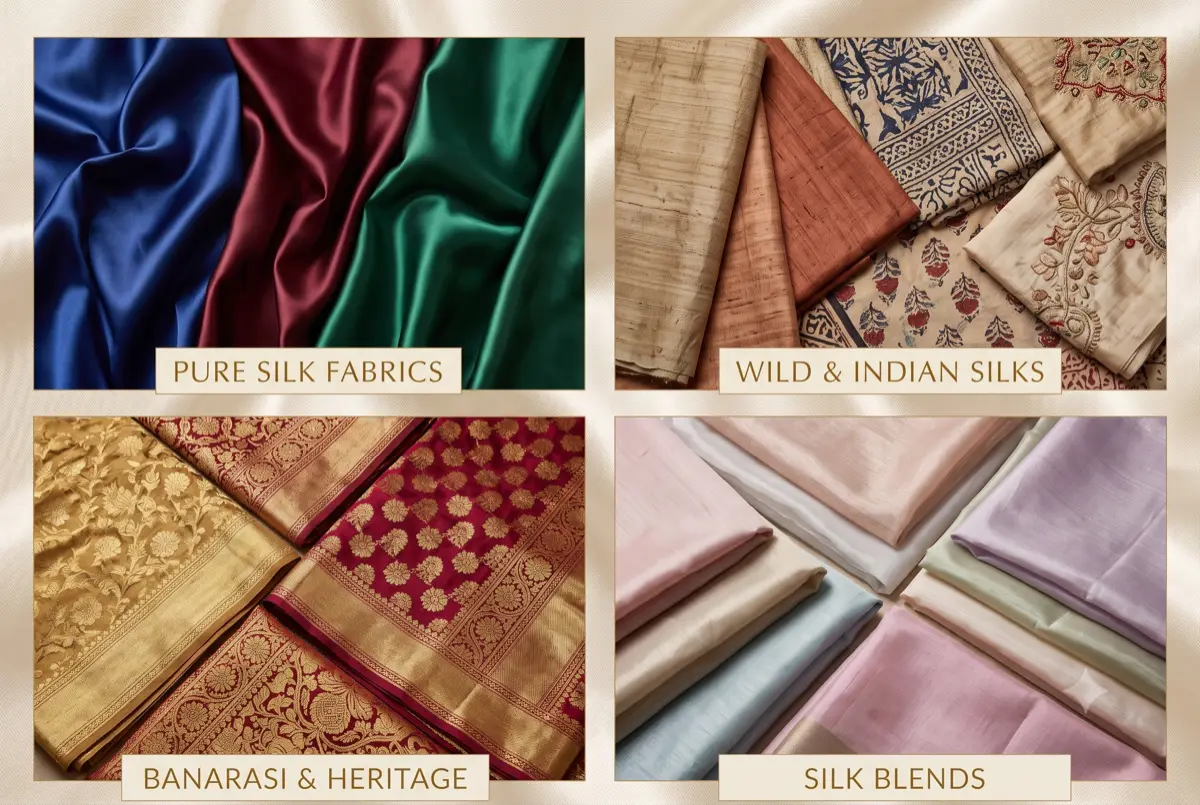 KashiFab Banarasi silk fabric types, Katan, brocade and jacquard weaves online