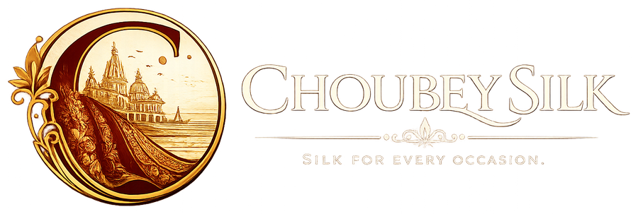 Choubey Silk white logo — circular illustrated C emblem with Banarasi heritage motifs and the tagline Silk for every occasion