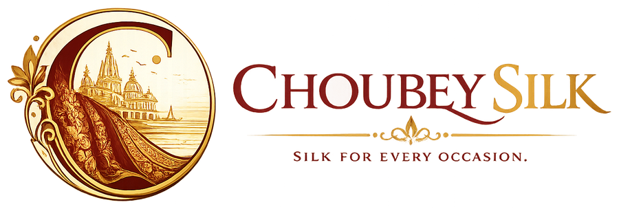 Choubey Silk logo — circular illustrated C emblem with Banarasi heritage motifs and the tagline Silk for every occasion